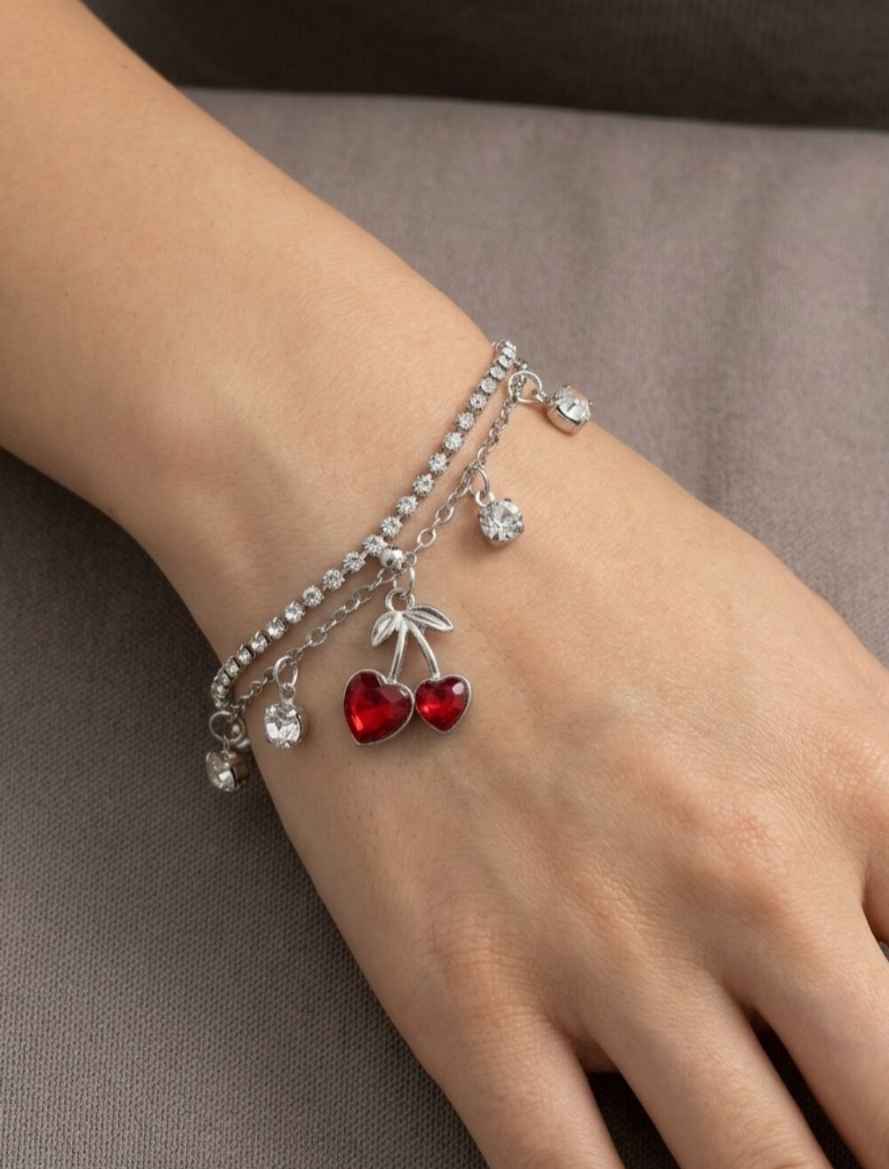 Silver Charm Bracelet with Red Cherry Heart Charms